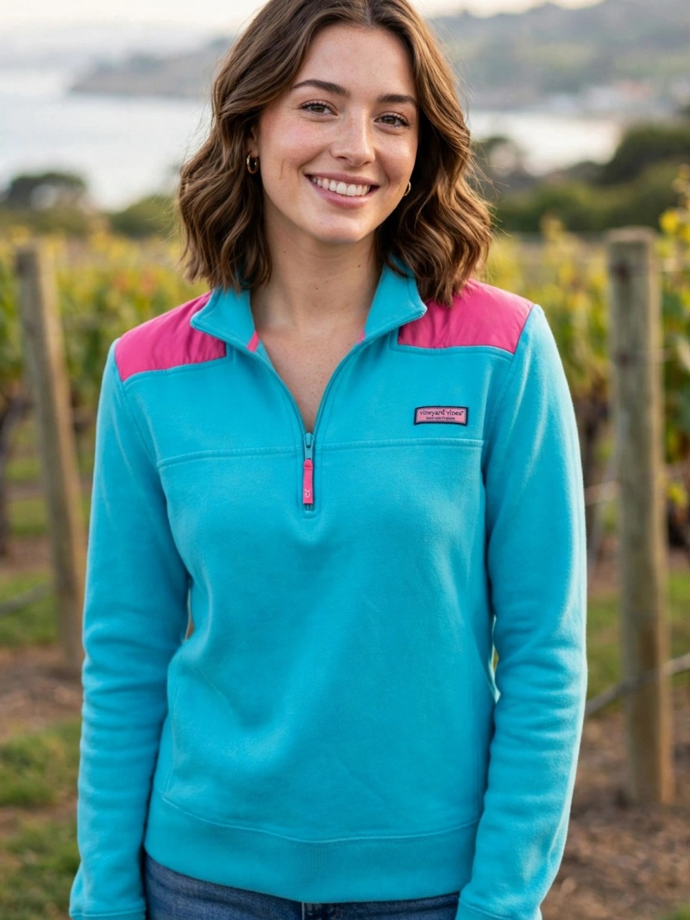 Vineyard Vines Turquoise Quarter-Zip Pullover with Pink Accents